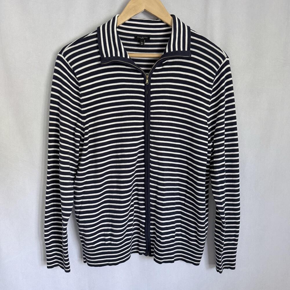 Talbots Sweater Womens XL Petite Navy Stripe Full Zip Collared Knit Nautical